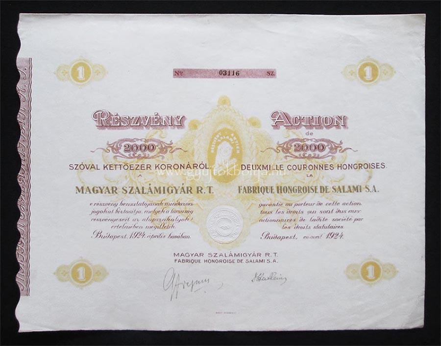 Magyar Szalmigyr Rt. rszvny 2000 korona 1924